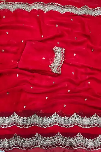 Red Color Multi Emrodairy Work  Satin Saree