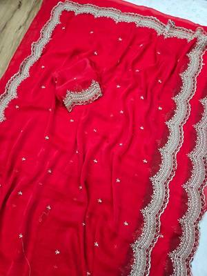 Red Color Multi Emrodairy Work  Satin Saree 1