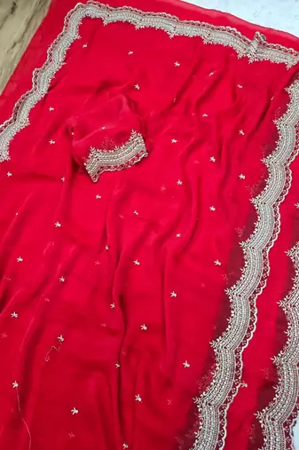 Red Color Multi Emrodairy Work  Satin Saree