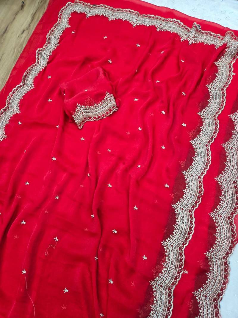 Red Color Multi Emrodairy Work  Satin Saree