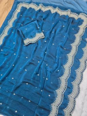 Teal Color Multi Emrodairy Work  Satin Saree 1