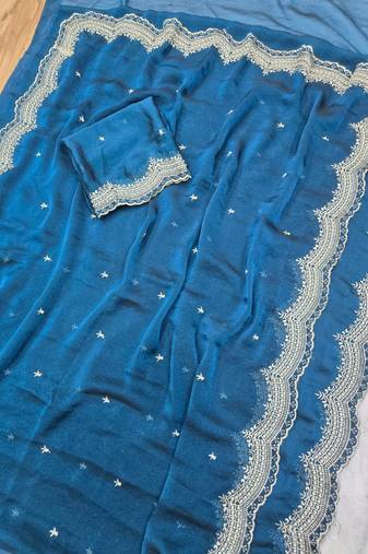 Teal Color Multi Emrodairy Work  Satin Saree