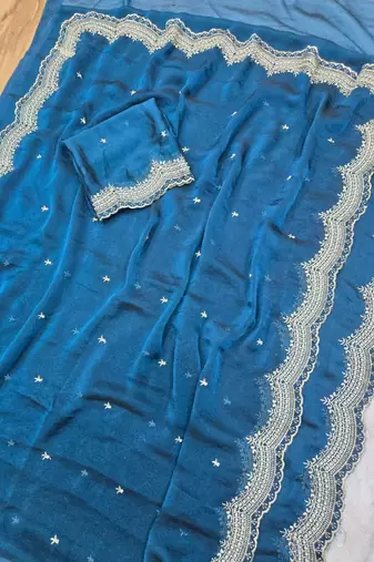 Teal Color Multi Emrodairy Work  Satin Saree