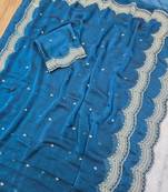 Teal Color Multi Emrodairy Work  Satin Saree