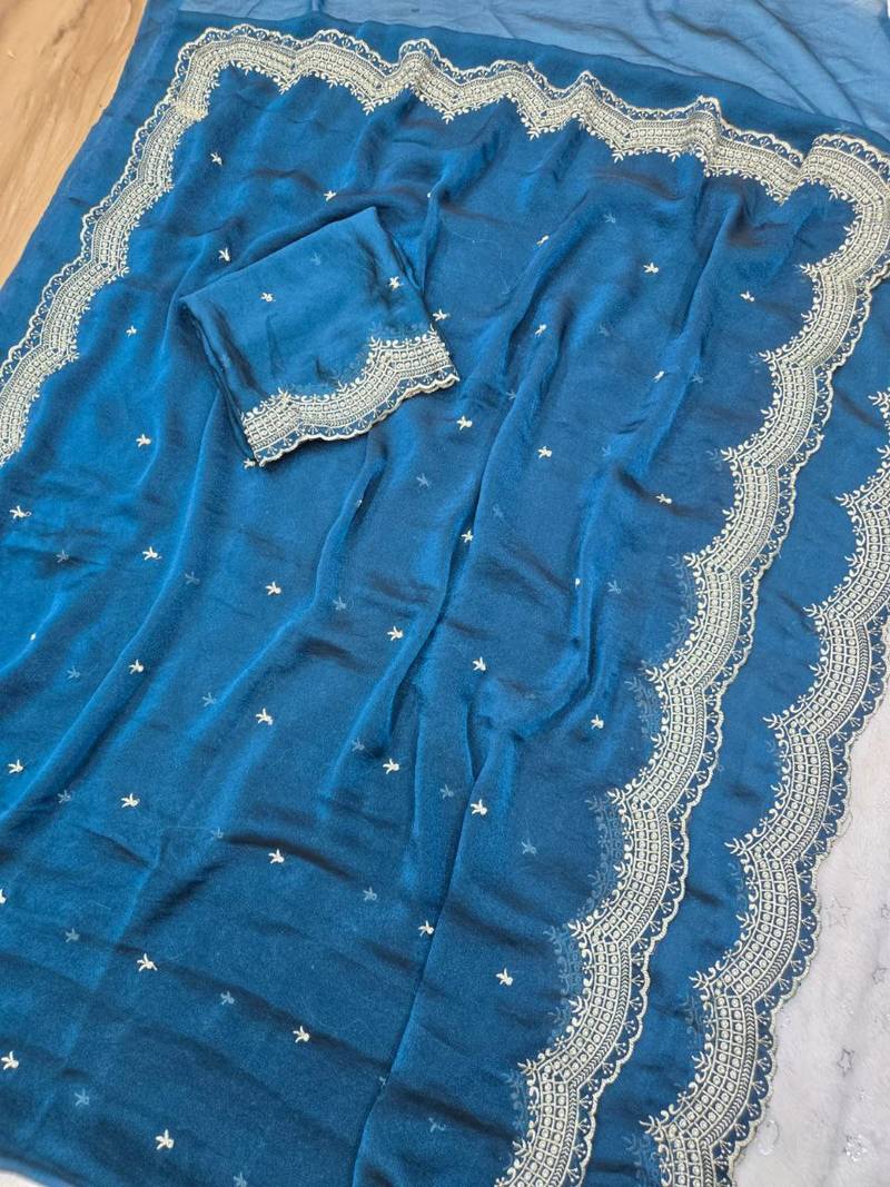 Teal Color Multi Emrodairy Work  Satin Saree