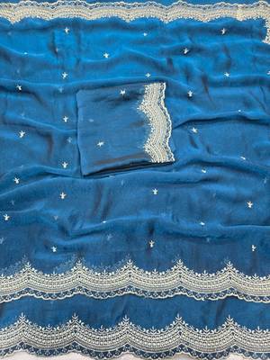 Teal Color Multi Emrodairy Work  Satin Saree 2