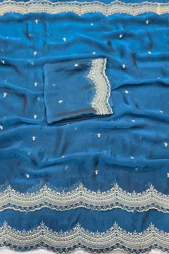 Teal Color Multi Emrodairy Work  Satin Saree