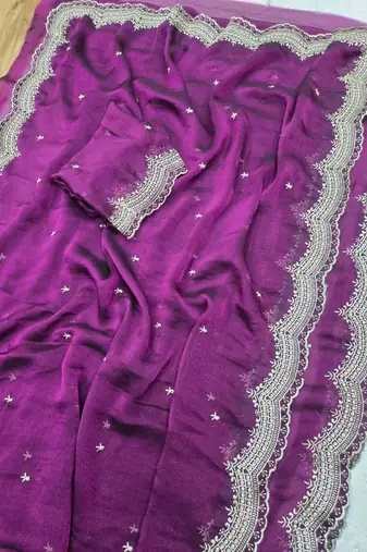 Wine  Color Multi Emrodairy Work  Satin Saree