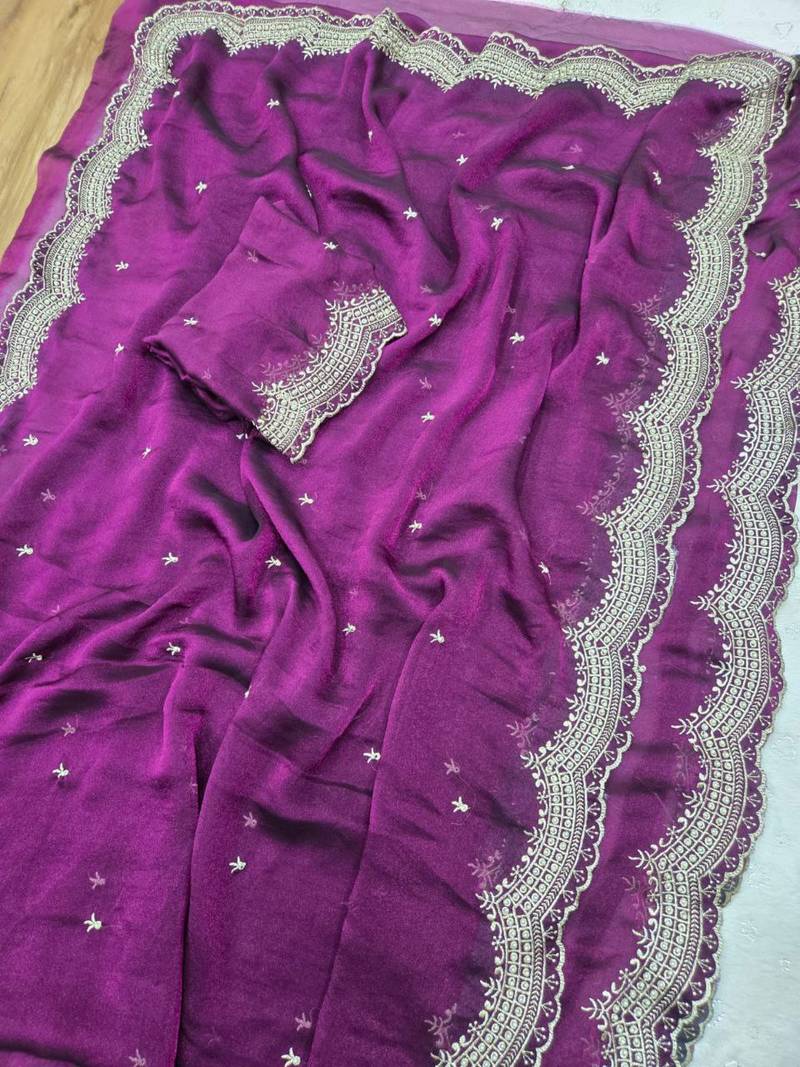 Wine  Color Multi Emrodairy Work  Satin Saree