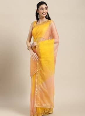 Peach Shaded Lace Border & Zari Checks Organza Saree 1