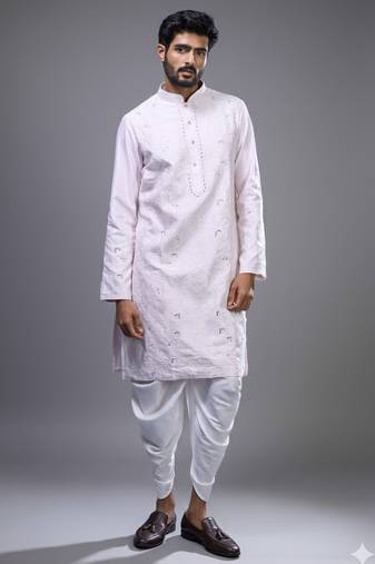 Powder pink silk straight embroidery, mirror pink silk embroidery, mirrors floral and work kurta set