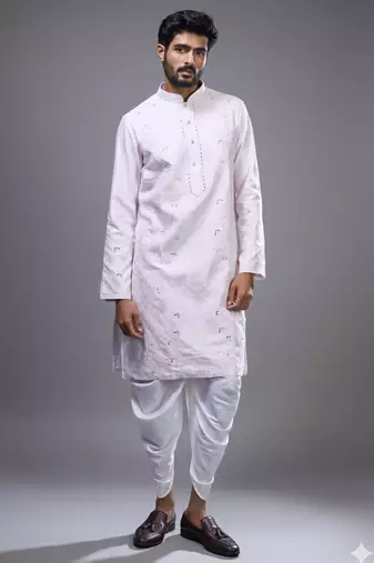 Powder pink silk straight embroidery, mirror pink silk embroidery, mirrors floral and work kurta set