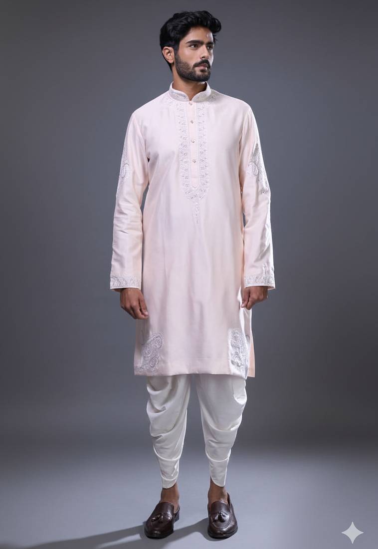 Pink silk straight embroidery pink silk embroidery placement kurta and patiala pant set