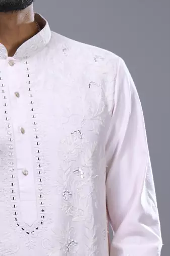 Powder pink silk straight embroidery, mirror pink silk embroidery, mirrors floral and work kurta set