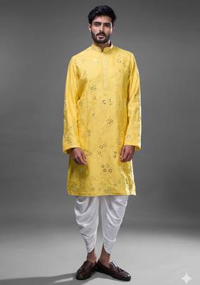 Yellow silk blend straight embroidery, mirror yellow silk blend embroidery, mirrors floral and work kurta set 1