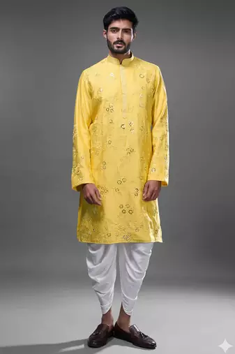 Yellow silk straight embroidery, mirror yellow silk embroidery, mirrors floral and work kurta set