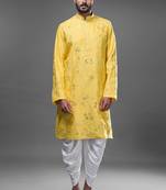 Yellow silk straight embroidery, mirror yellow silk embroidery, mirrors floral and work kurta set