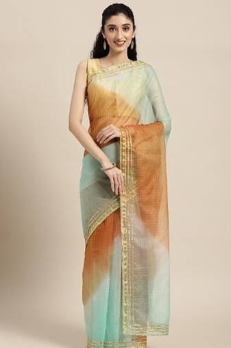 Brown Shaded Lace Border & Zari Checks Organza Saree
