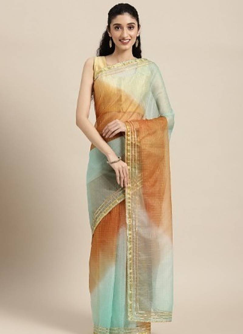 Brown Shaded Lace Border & Zari Checks Organza Saree