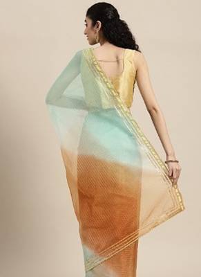 Brown Shaded Lace Border & Zari Checks Organza Saree 2