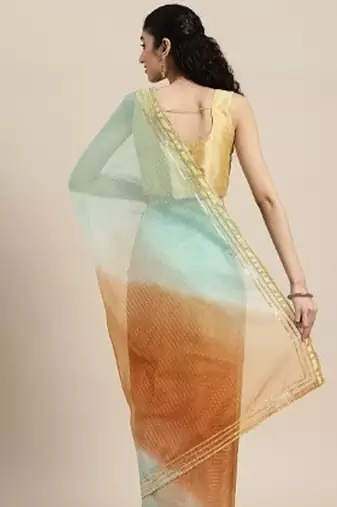 Brown Shaded Lace Border & Zari Checks Organza Saree