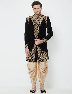 Black velvet straight handwork sherwani for men's 1