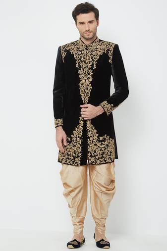 Black velvet straight handwork sherwani for men's