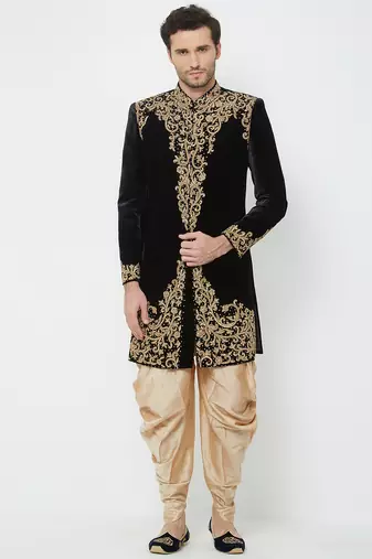 Black velvet straight handwork sherwani for men's