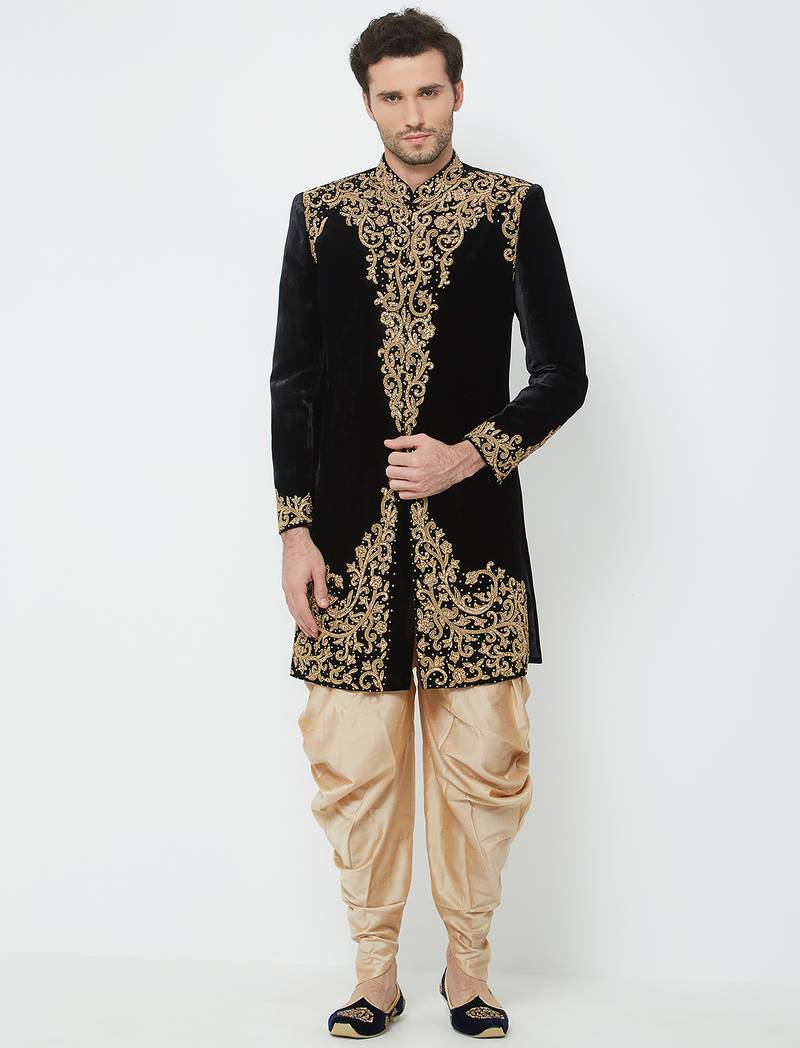 Black velvet straight handwork sherwani for men's