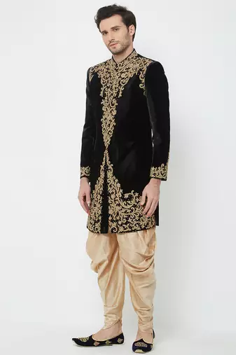Black velvet straight handwork sherwani for men's