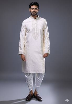 Cream silk blend straight embroidery cream silk blend embroidery thread work kurta set 1