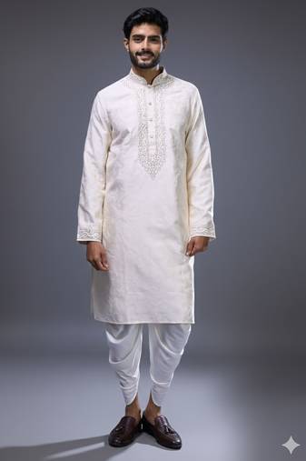 Cream silk straight embroidery cream silk embroidery thread work kurta set