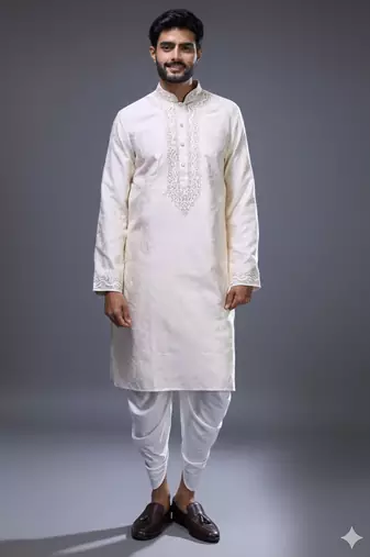 Cream silk straight embroidery cream silk embroidery thread work kurta set