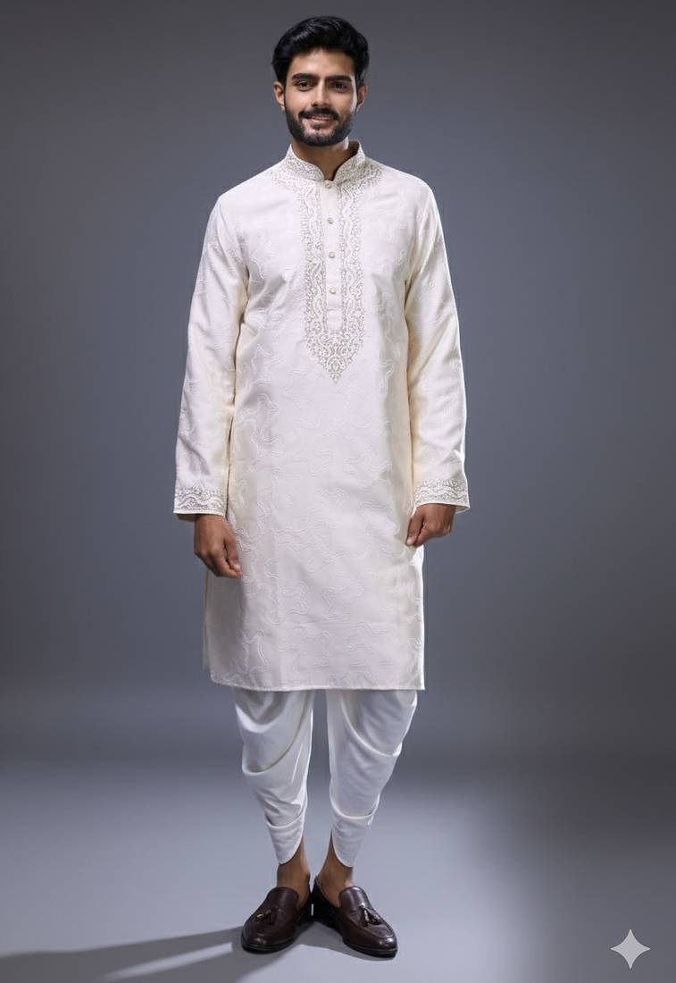 Cream silk straight embroidery cream silk embroidery thread work kurta set