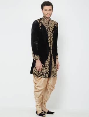 Black velvet straight handwork sherwani for men's 3