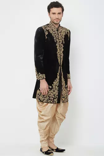 Black velvet straight handwork sherwani for men's