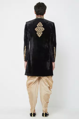 Black velvet straight handwork sherwani for men's