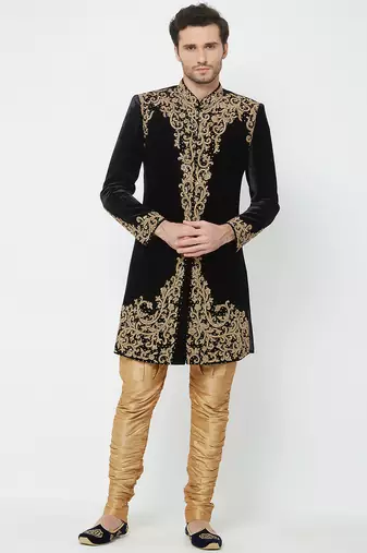 Black velvet straight handwork sherwani for men's