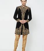 Black velvet straight handwork sherwani for men's