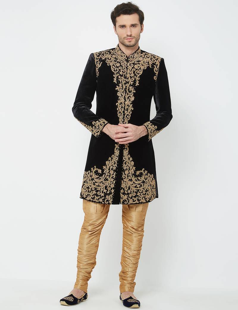Black velvet straight handwork sherwani for men's