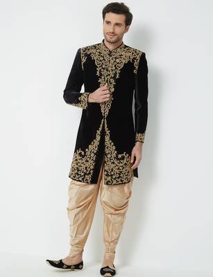 Black velvet straight handwork sherwani for men's 5