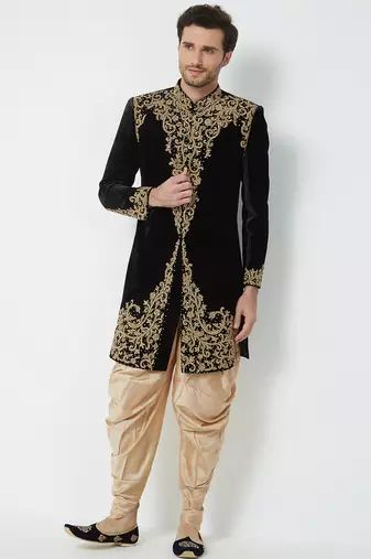 Black velvet straight handwork sherwani for men's