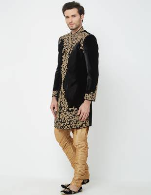 Black velvet straight handwork sherwani for men's 2