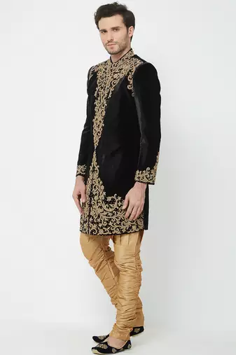Black velvet straight handwork sherwani for men's