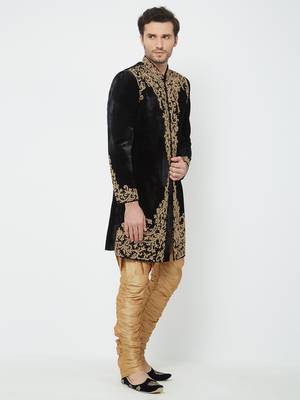 Black velvet straight handwork sherwani for men's 3