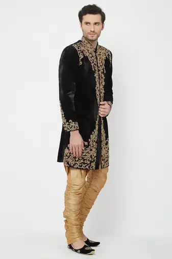 Black velvet straight handwork sherwani for men's