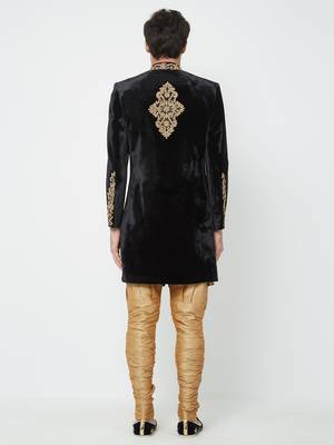 Black velvet straight handwork sherwani for men's 4