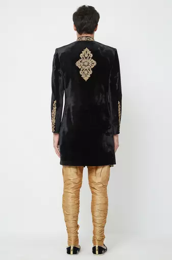Black velvet straight handwork sherwani for men's