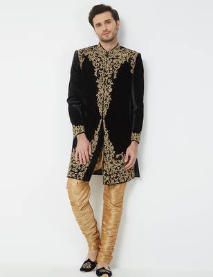 Black velvet straight handwork sherwani for men's 5