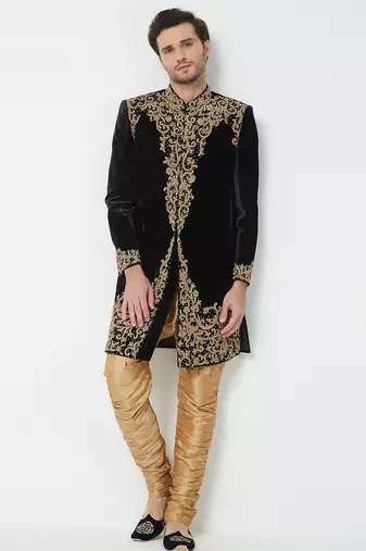 Black velvet straight handwork sherwani for men's